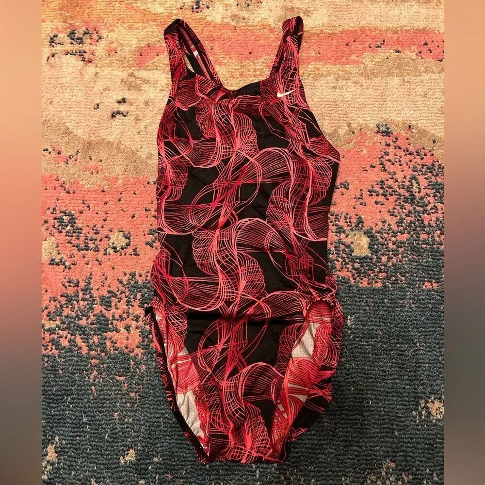 Nike Red and Black Swirl One-Piece Swimsuit